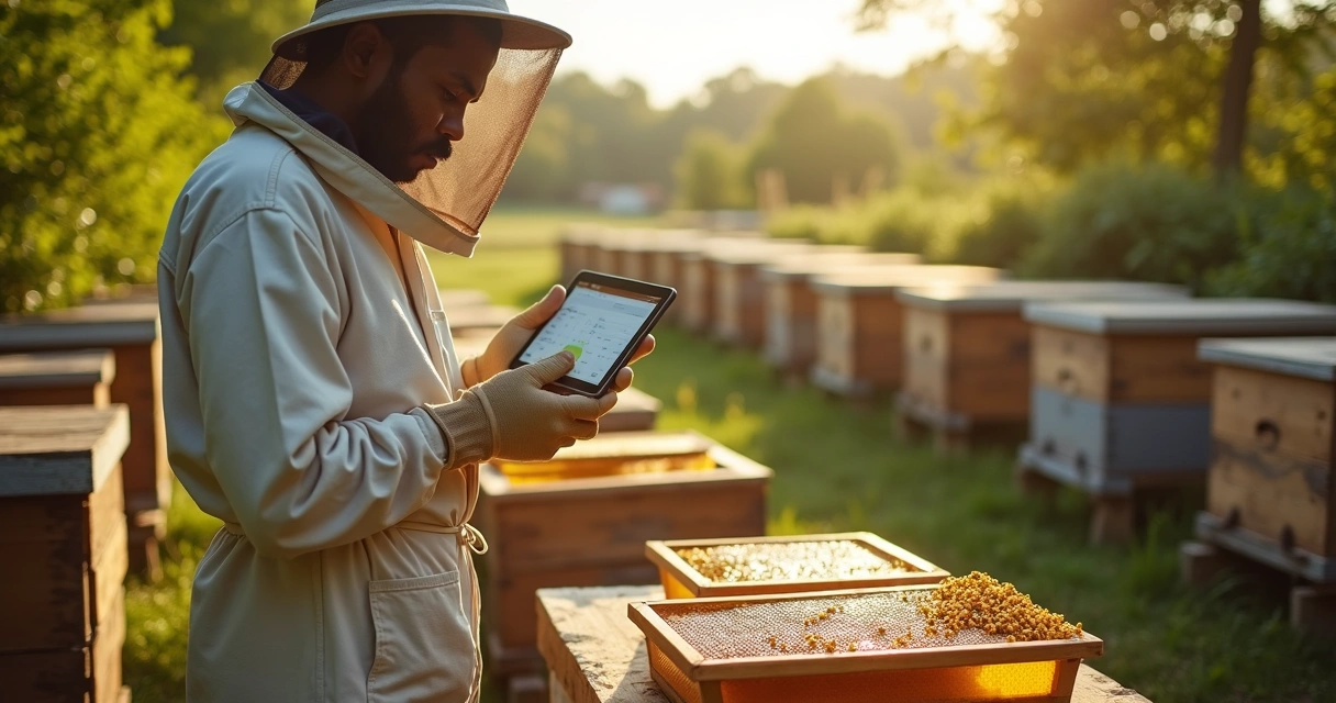 Apicultor registra dados do apiário em tablet
