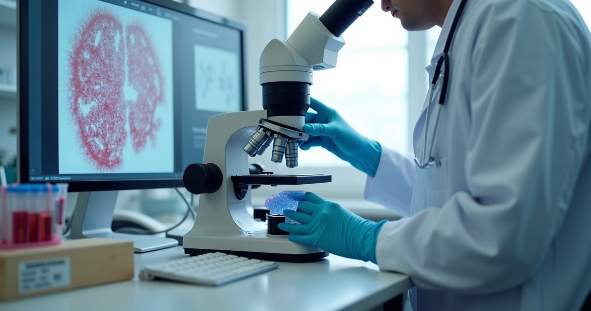 Hematologista observando lâmina de medula óssea em microscópio em ambiente de laboratório clínico 