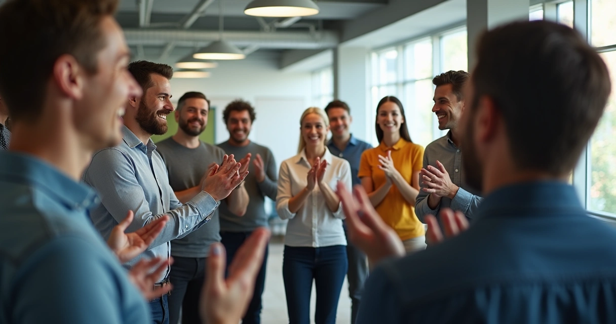 Grupo de pessoas aplaudindo em ambiente iluminado 