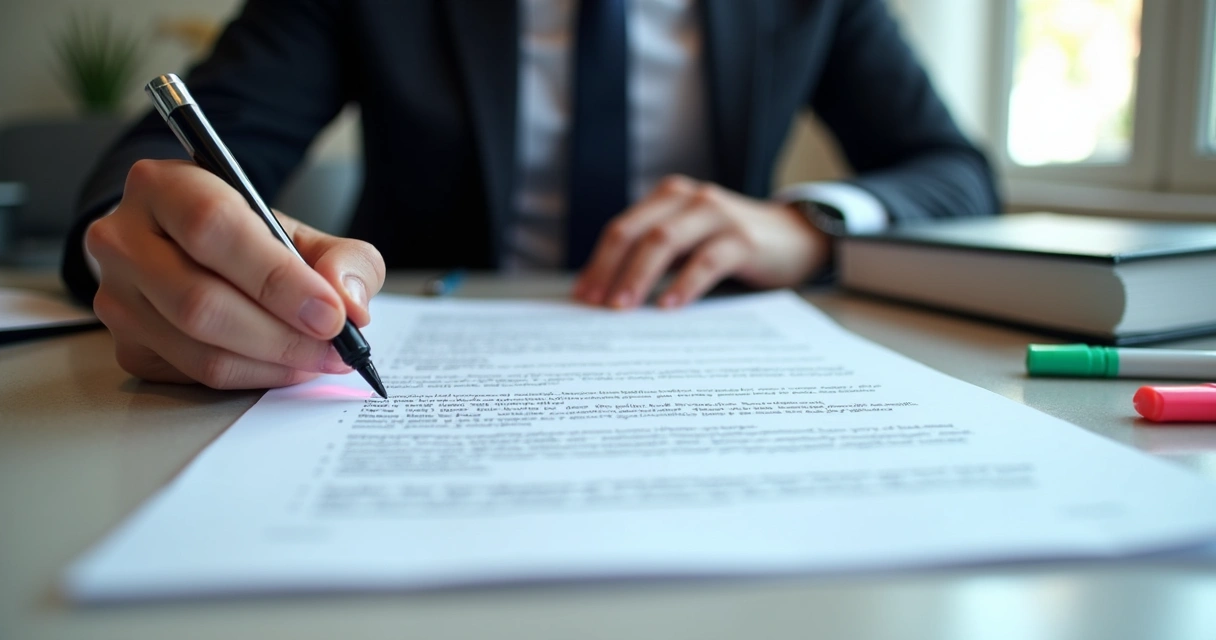 Contrato com legal design pronto sobre mesa com advogado conferindo. 