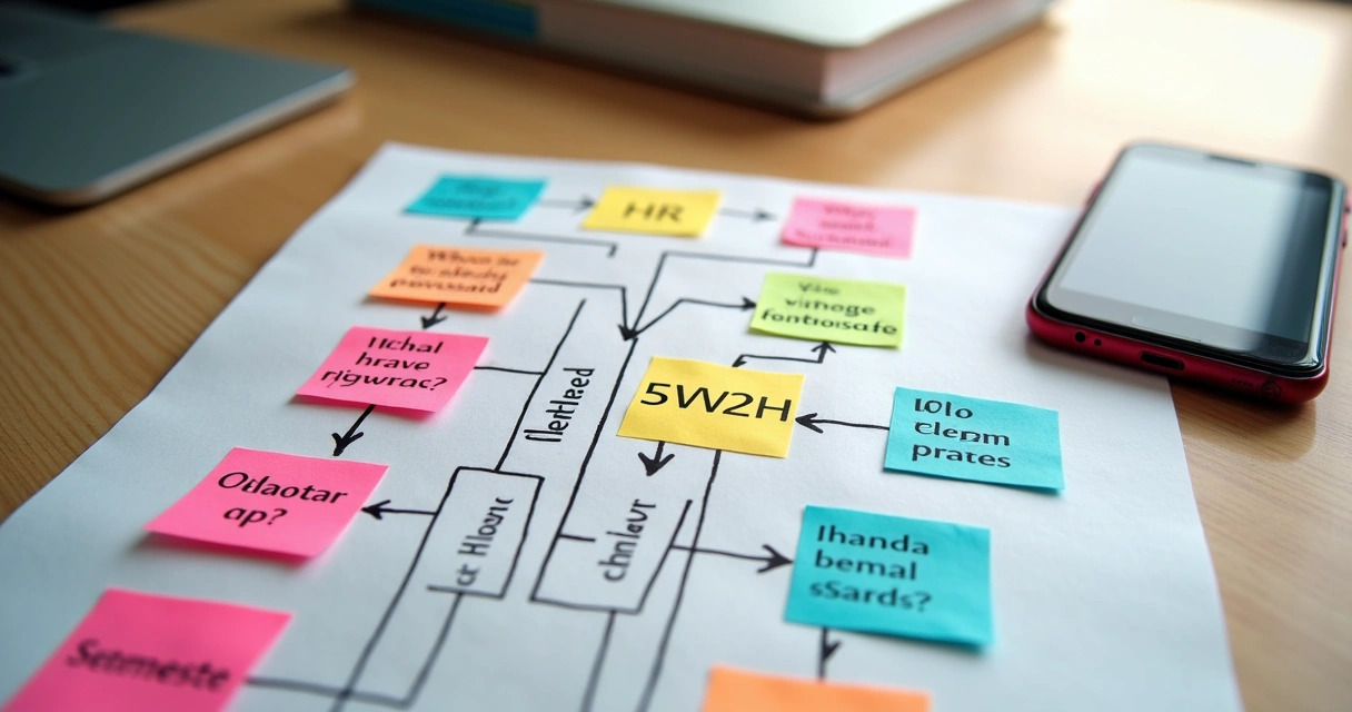 Diagrama detalhado do método 5W2H com exemplos de perguntas e respostas para implementação de um KR único 