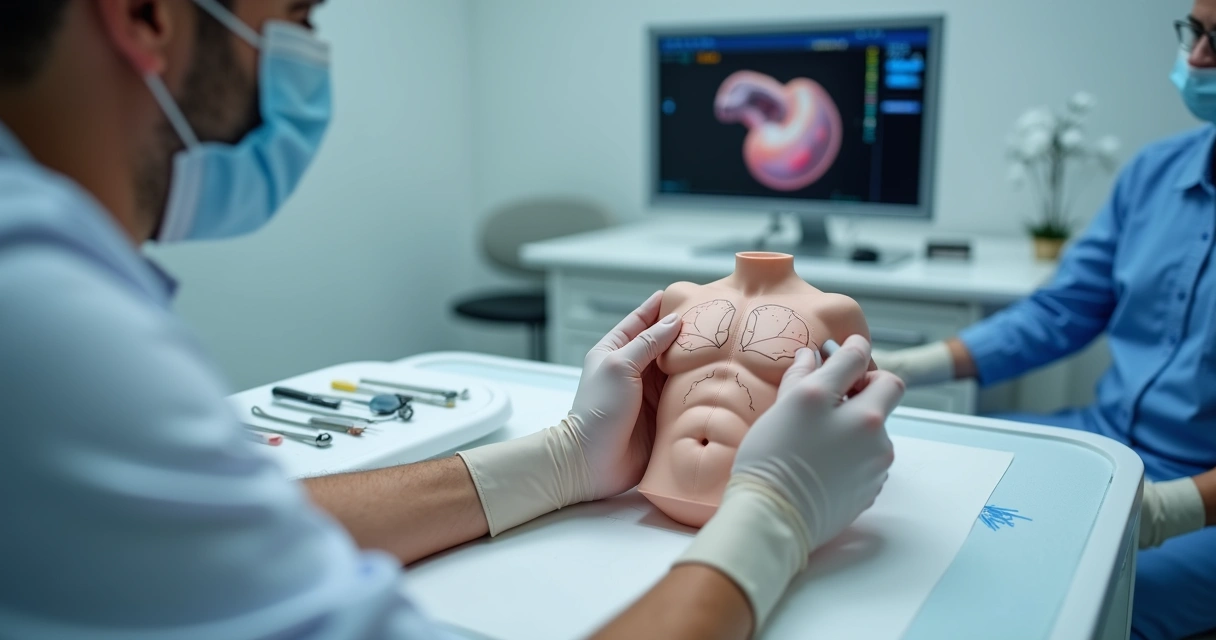 Médico marcando áreas de aplicação peniana em consulta 