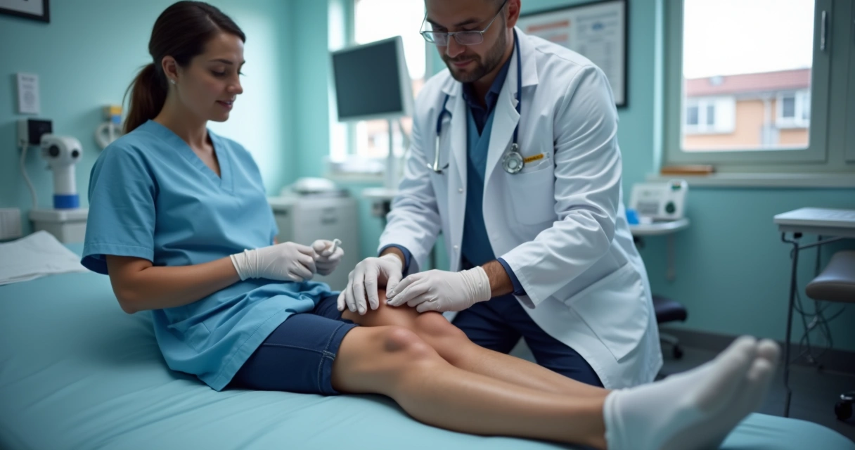 Médico faz aplicação de ácido hialurônico em joelho de paciente sentado. 