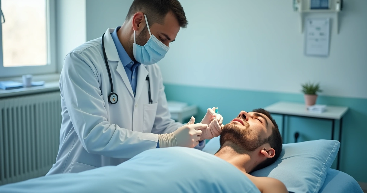 Médico aplicando ácido hialurônico no pênis de um paciente em ambiente clínico 