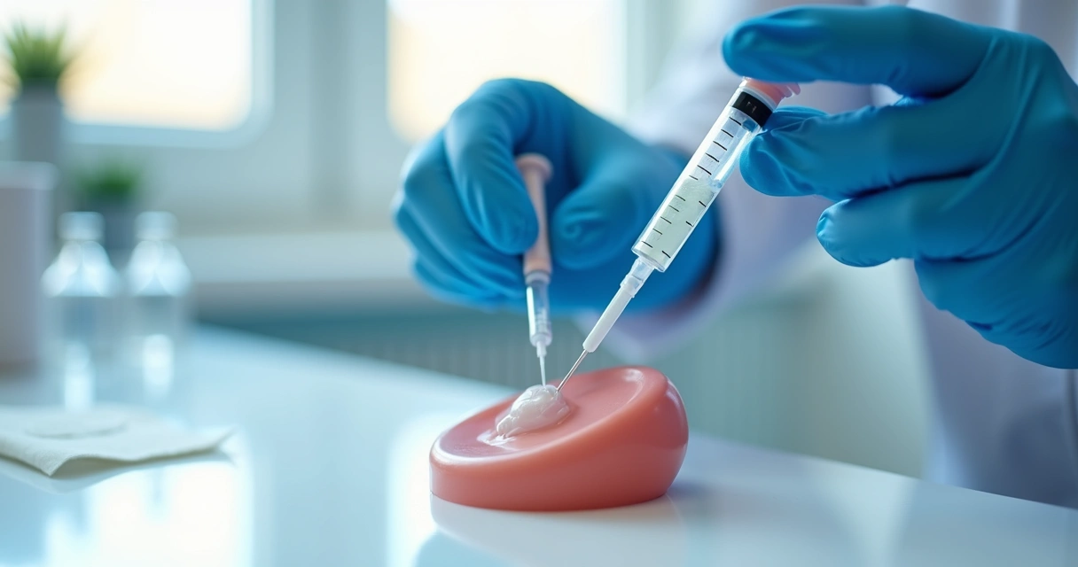 Aplicação com seringa de ácido hialurônico em pênis de silicone 