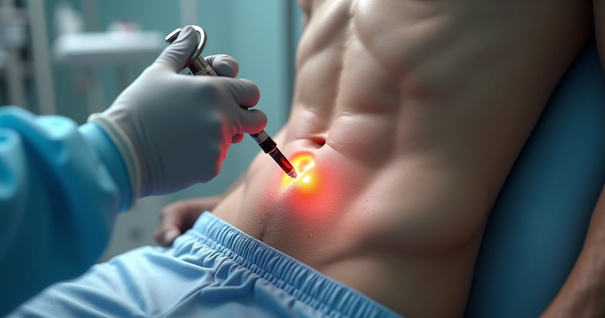 Aplicação de ácido hialurônico com seringa no pênis sob anestesia local 