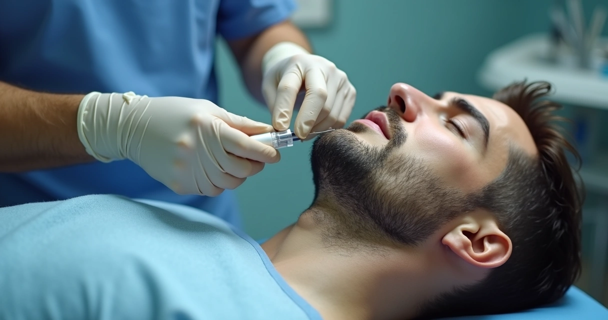 Aplicação de ácido hialurônico no pênis com mãos de médico 