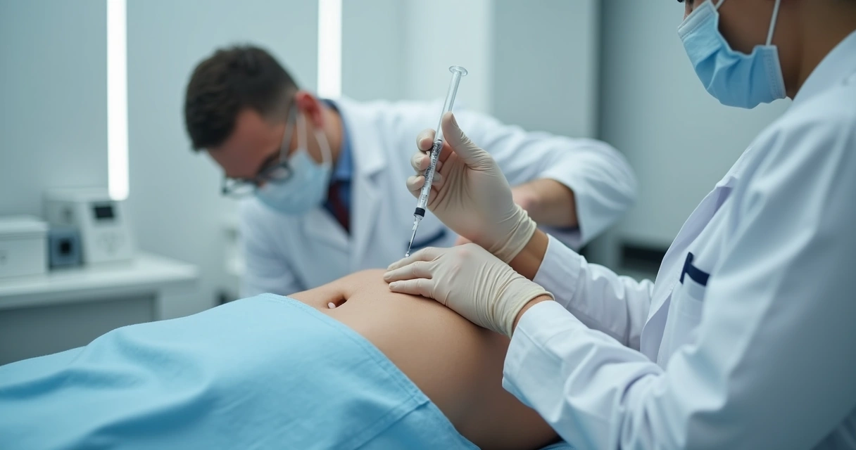 Médico aplicando ácido hialurônico em pênis, plano próximo, ambiente clínico