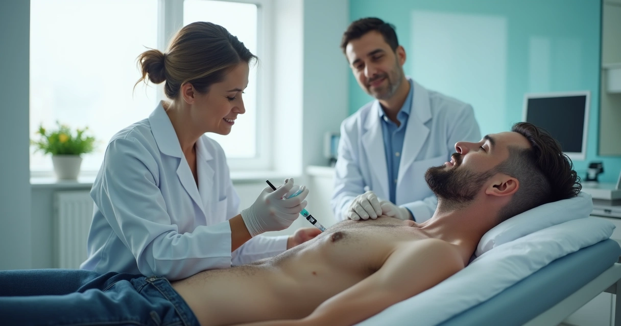 Médico aplicando ácido hialurônico no pênis em ambiente clínico 
