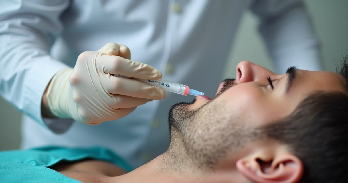 Procedimento com ácido hialurônico em pênis, close das mãos do médico e do frasco 