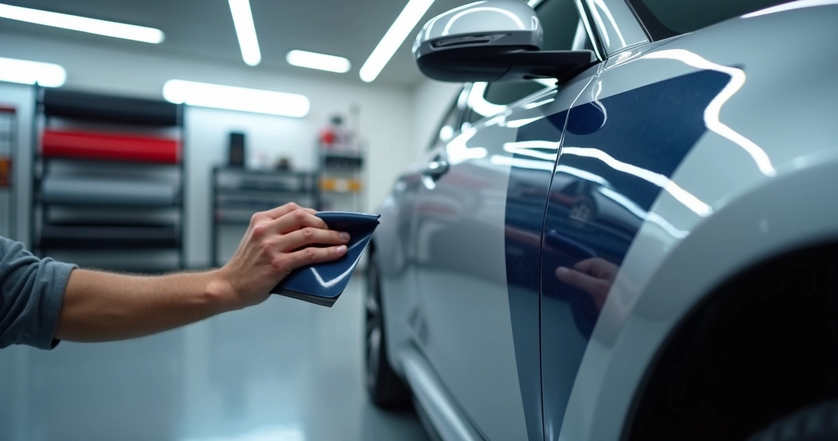Profissional aplicando adesivo em carro com espátula em oficina automotiva 
