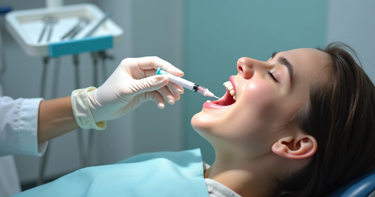 Aplicação de anestesia local em consultório odontológico 