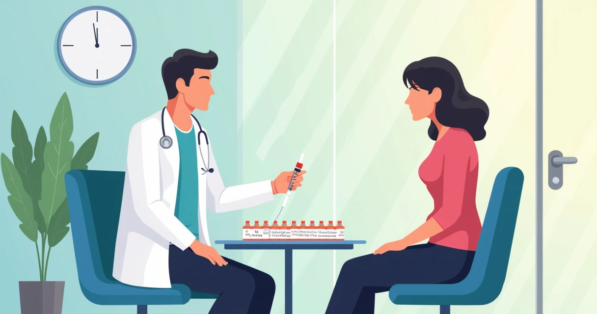 Aplicação de terapias antirretrovirais injetáveis na prática clínica 1 Profissional da saúde segurando seringa ao lado de paciente sentado, em ambiente de clínica moderna, representando administração de antirretrovirais injetáveis