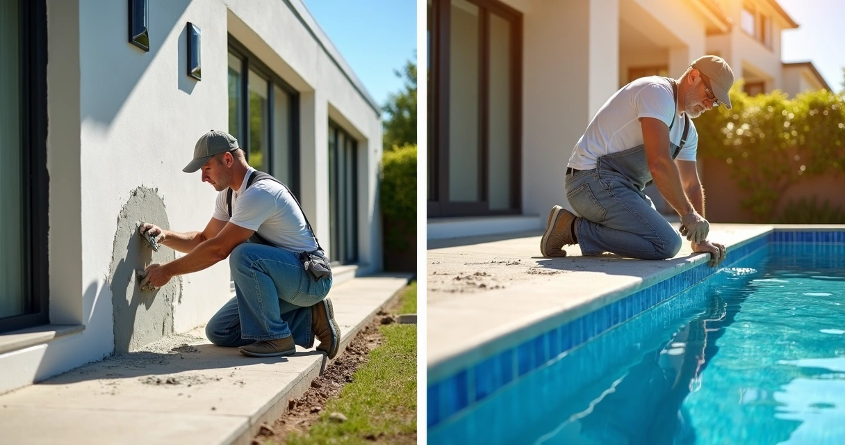 Aplicação de argamassa em fachada de casa e borda de piscina 