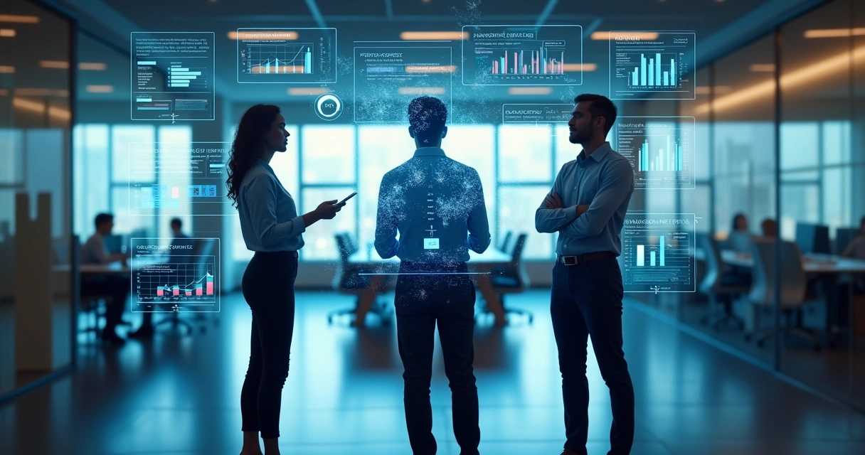 Gestores de vendas, marketing e operações analisando grandes painéis de dados. 