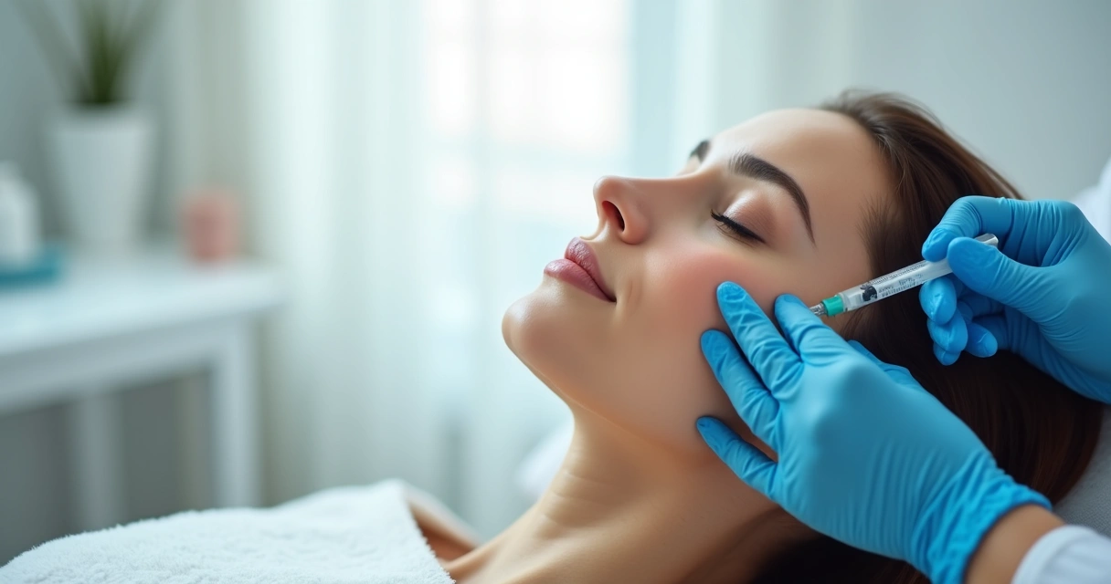 Profissional injetando bioestimulador de colágeno no rosto de paciente