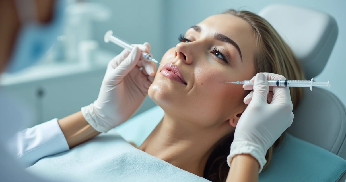 Dermatologista aplicando bioestimulador em rosto feminino 