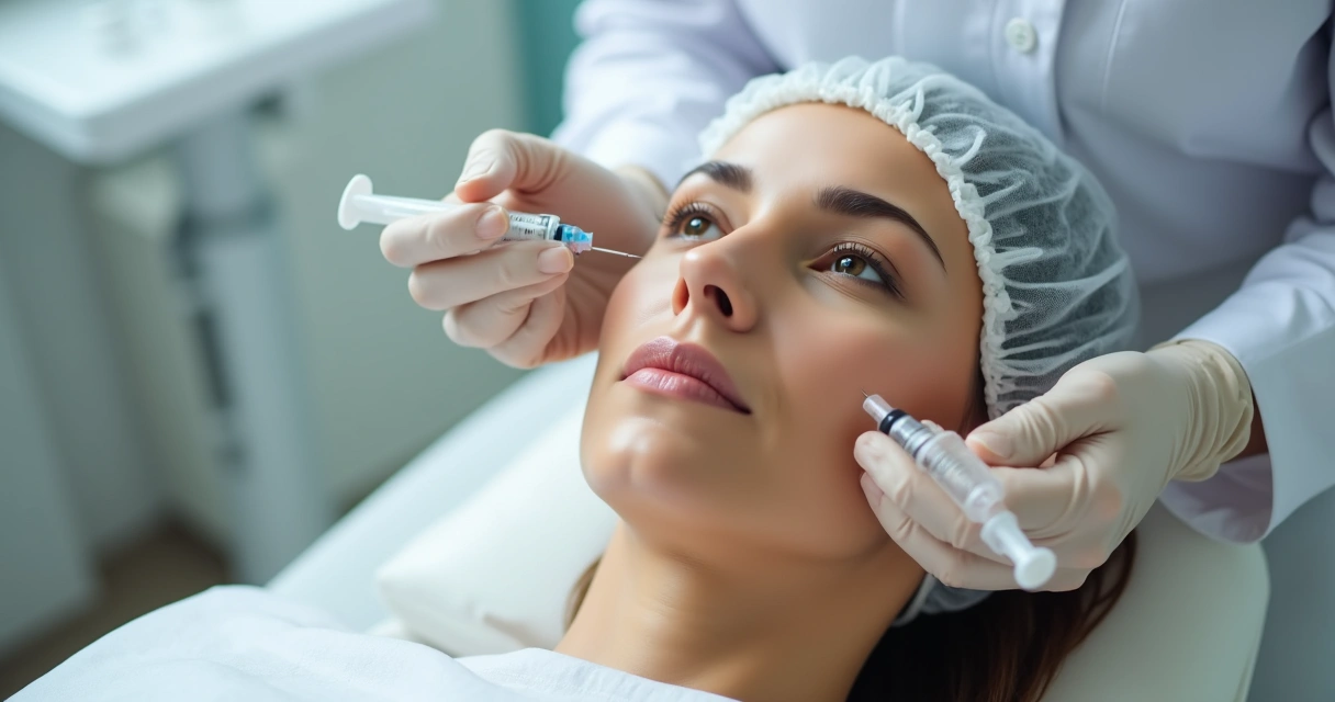 Profissional aplicando bioestimuladores na face de uma paciente, em ambiente clínico claro e limpo. 