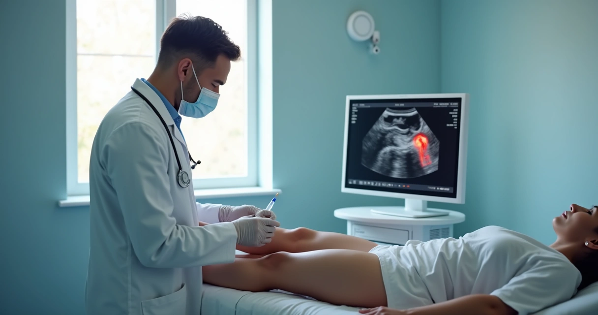 Médico aplicando bloqueio dos nervos geniculares no joelho 