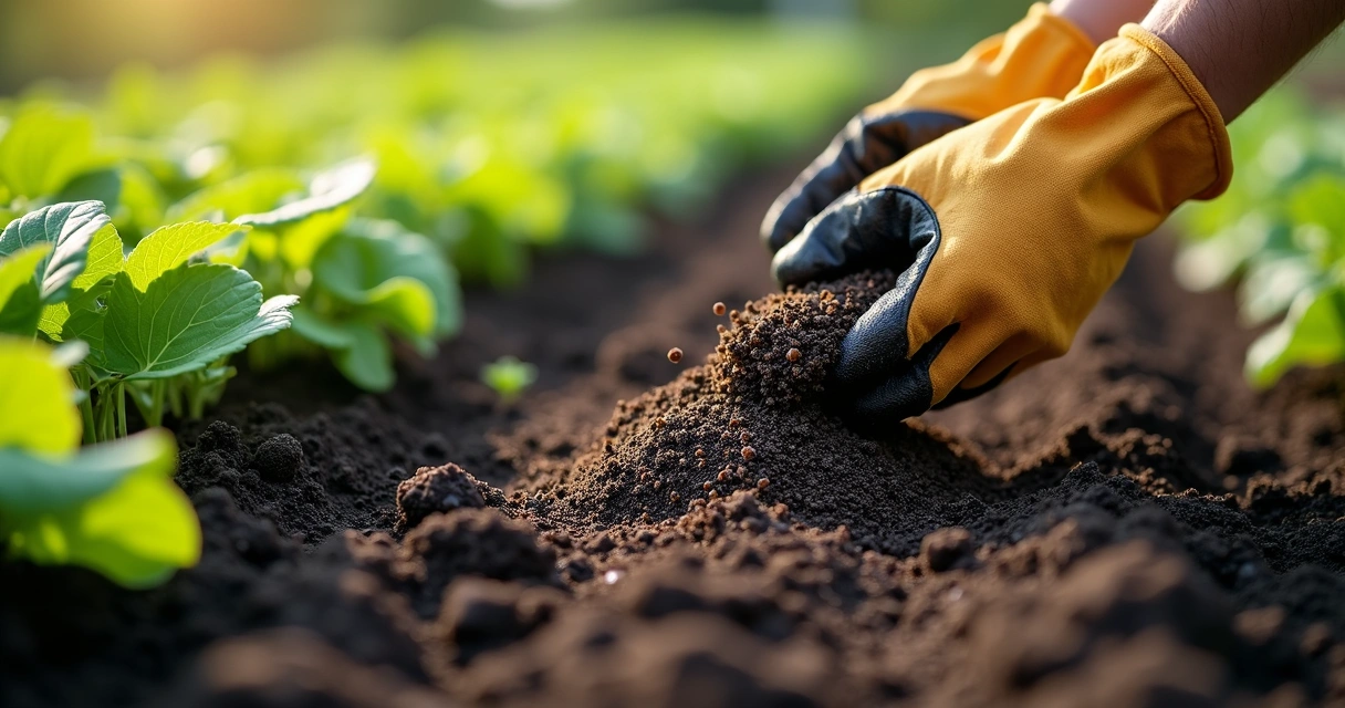 Pessoa aplicando bokashi em horta caseira 