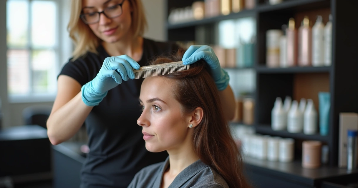Profissional aplicando tratamento reconstrutor em mecha de cabelo 