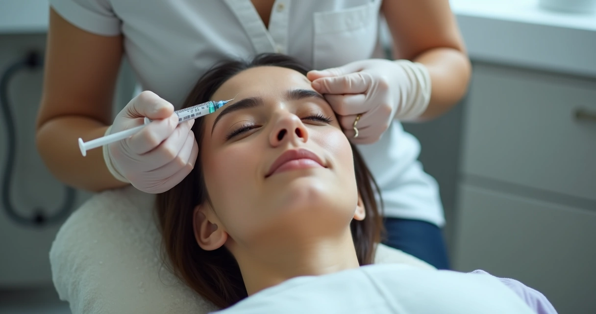 Profissional aplicando botox na testa de paciente em ambiente clínico e sofisticado