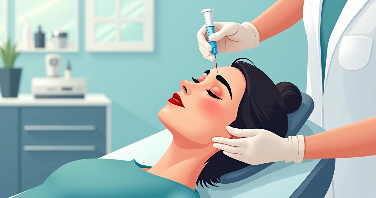 Aplicação de botox na testa de mulher por especialista. 