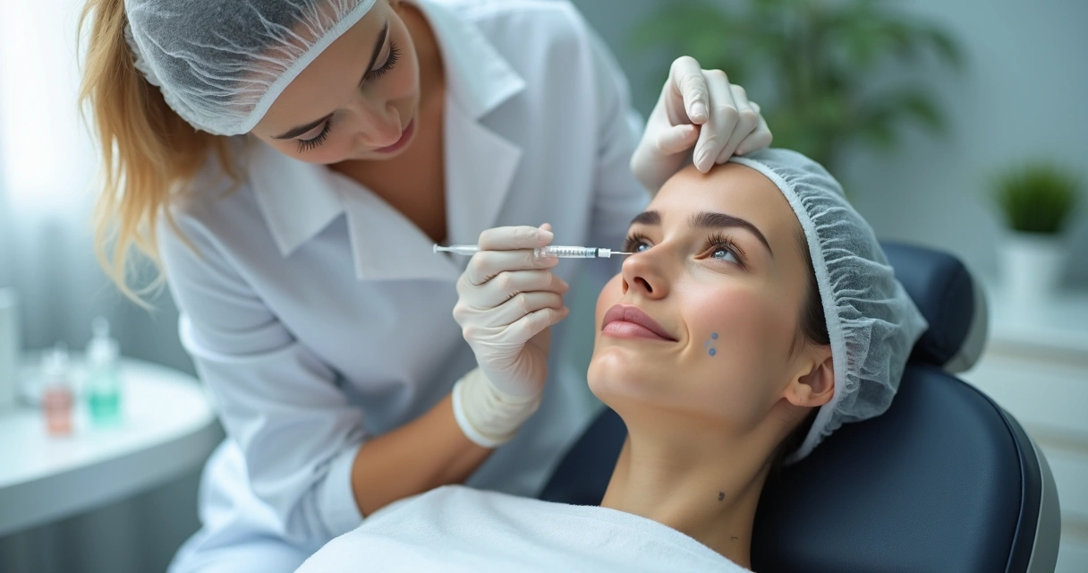 Médica aplicando botox na testa de uma paciente em ambiente clínico