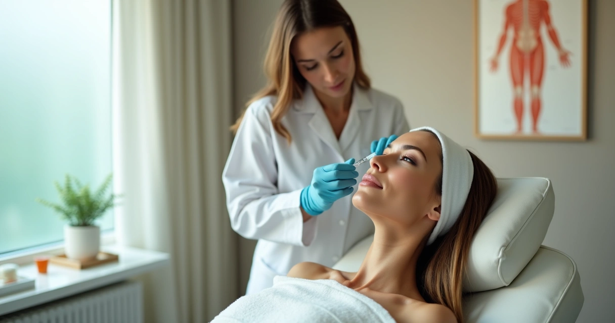 Profissional aplicando botox suave na testa de paciente em clínica acolhedora 