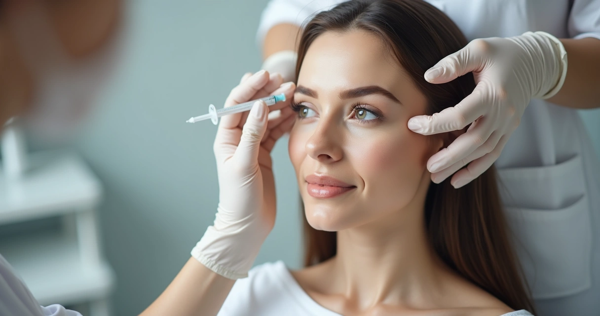 Profissional aplicando botox na testa de mulher com expressão relaxada 