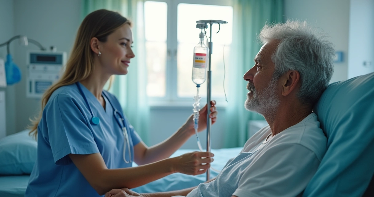 Paciente em hospital recebendo infusão intravenosa de medicamento oncológico com enfermeira ao lado 