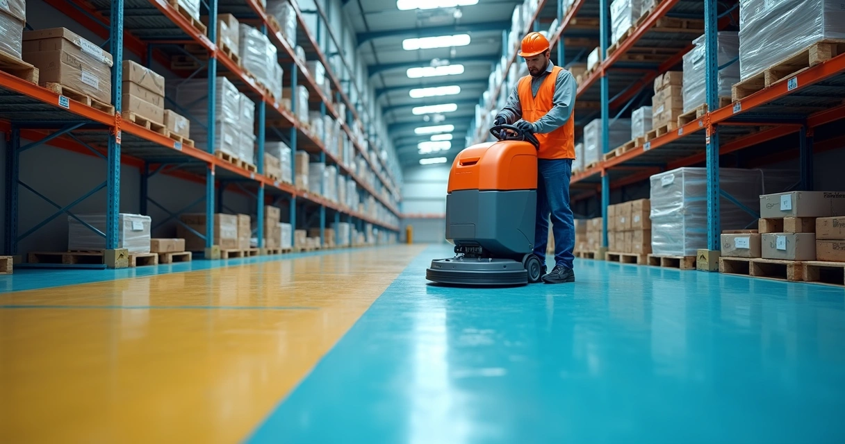 Funcionário usando máquina de limpeza industrial em um grande depósito. 