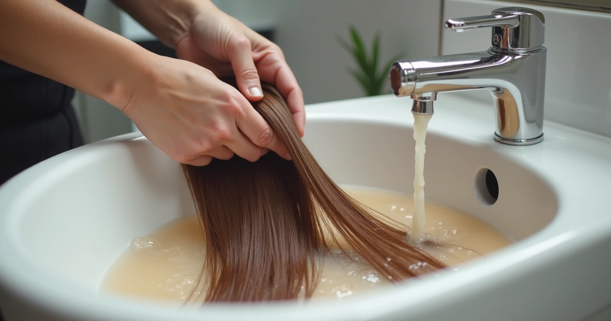 Aplicação de condicionador em cabelo no lavatório do salão 