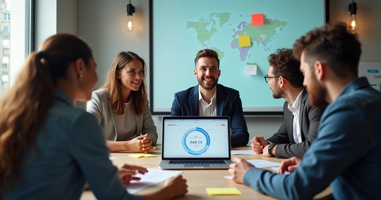 Colaborador aplicando conhecimento aprendido em plataforma EAD em reunião na empresa 
