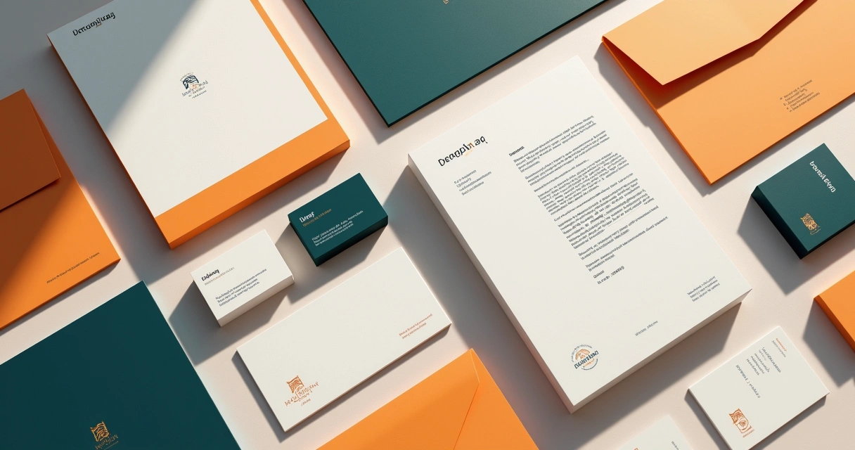 Materiais de escritório com design unificado, incluindo cartões e pastas