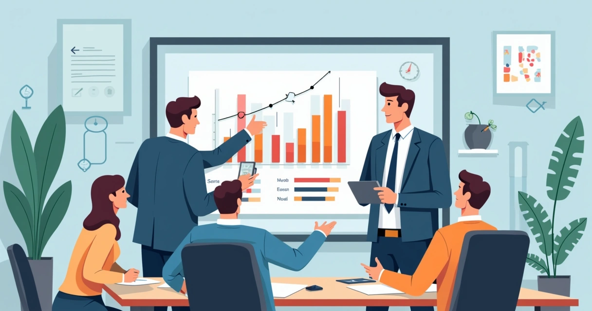 Profissionais de RH analisando gráficos de desempenho em notebook e tablet com ícones de inteligência artificial 