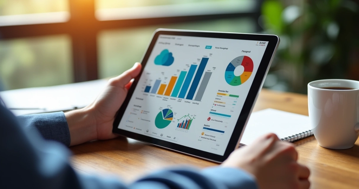 Aplicativo corporativo em nuvem sendo acessado por tablet em mesa de escritório 