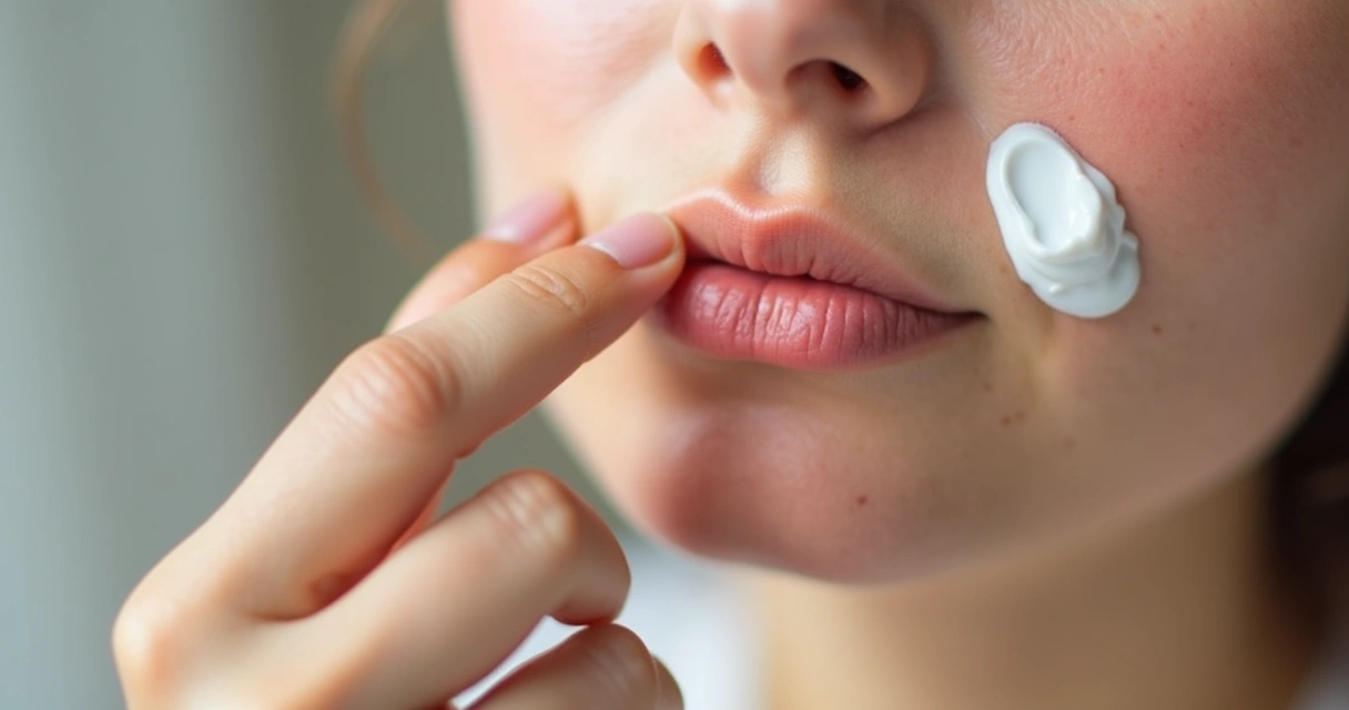 Aplicação de creme facial em bochecha avermelhada