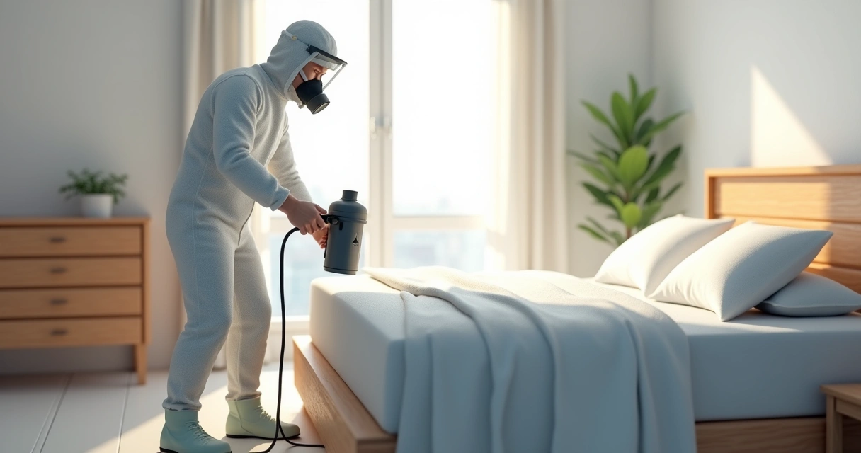 Dedetização de percevejos de cama: técnicas e prevenção eficazes 2 Profissional aplicando dedetização em colchão com equipamento vaporizador