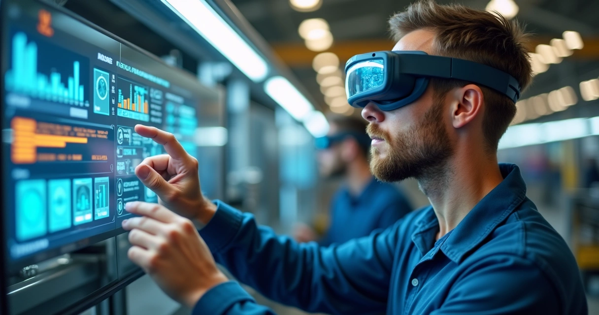 Funcionário usando IA durante tarefa prática no setor industrial 