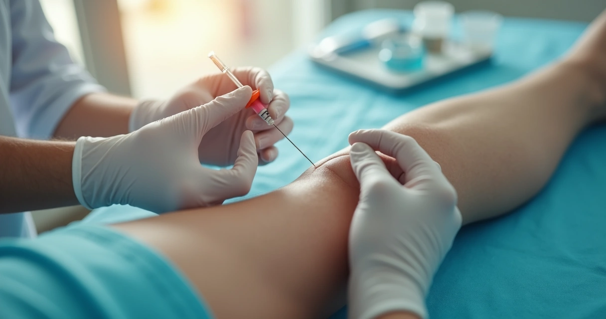 Profissional aplicando escleroterapia em perna com varizes 