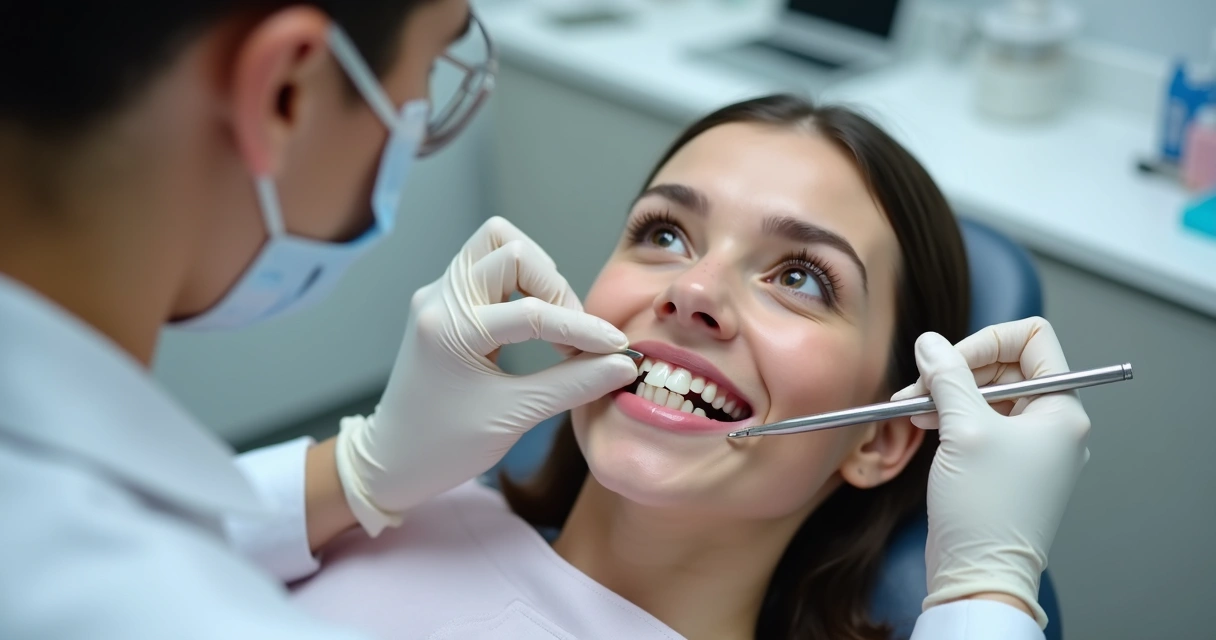 Dentista aplicando faceta de porcelana em dente anterior