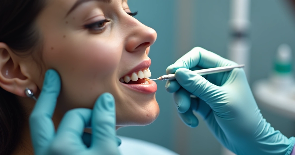 Dentista aplicando faceta de resina em paciente 