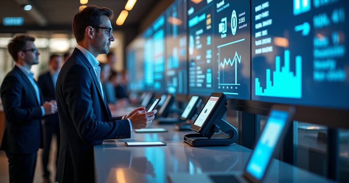 Ambiente de negócios com várias pessoas usando dispositivos de pagamento da própria marca 