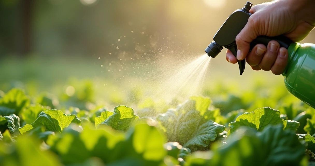 Aplicação foliar de extrato de moringa em folha de alface na horta 