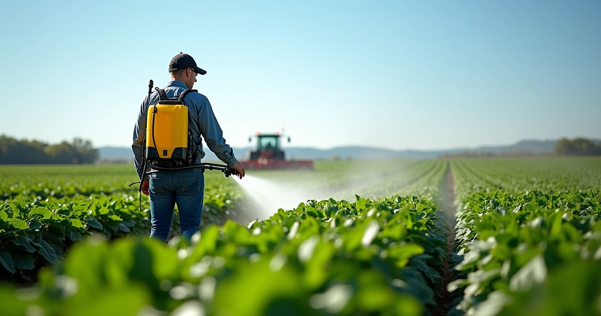 Agricultor aplicando solução foliar em lavoura verde com equipamento moderno 
