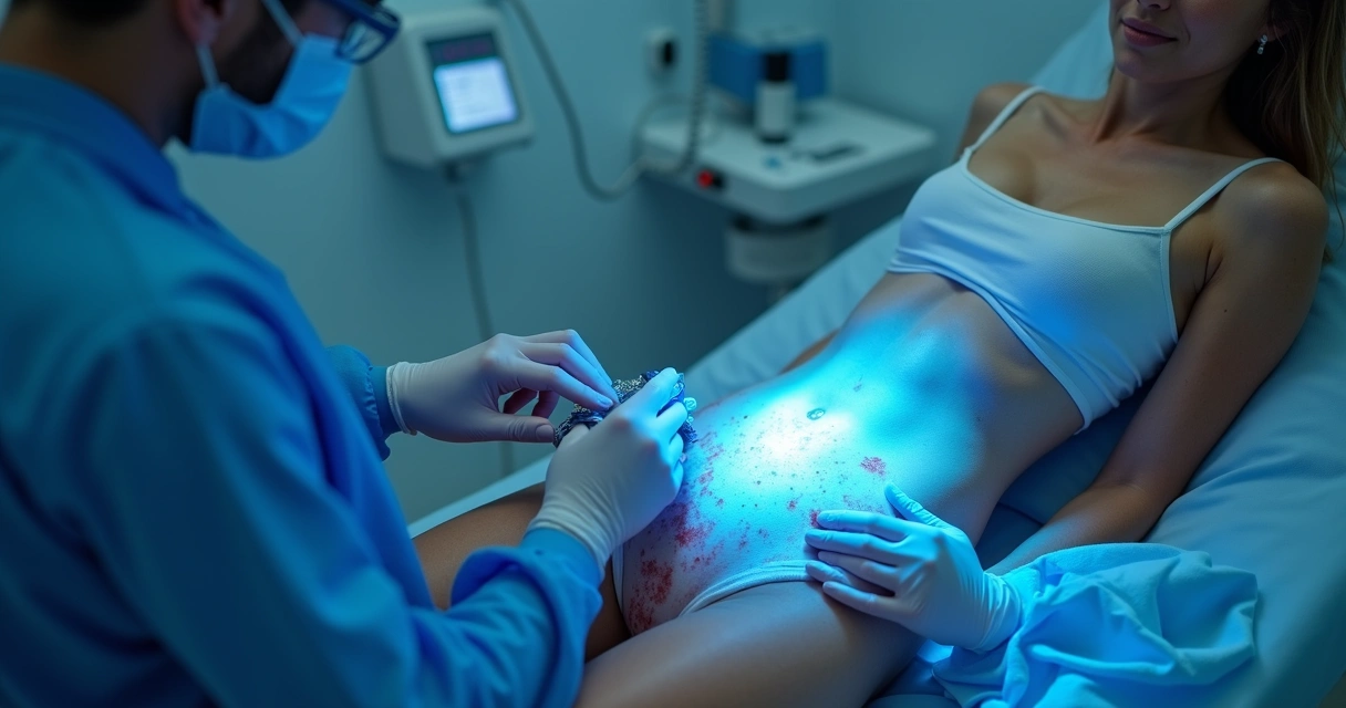 Aplicação de fototerapia Excimer 308 nm na pele da região genital masculina e feminina, focando em áreas afetadas por vitiligo. 