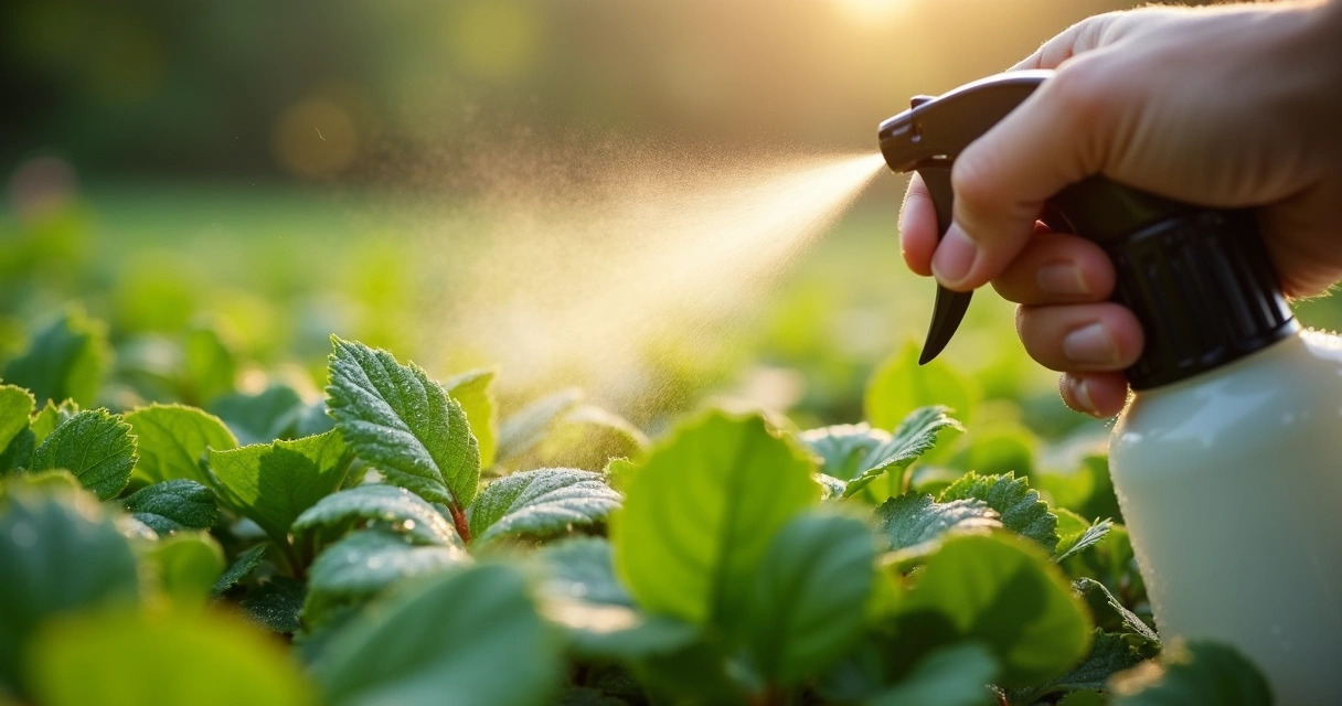 Aplicação de fungicida natural em folhas de plantas com borrifador 