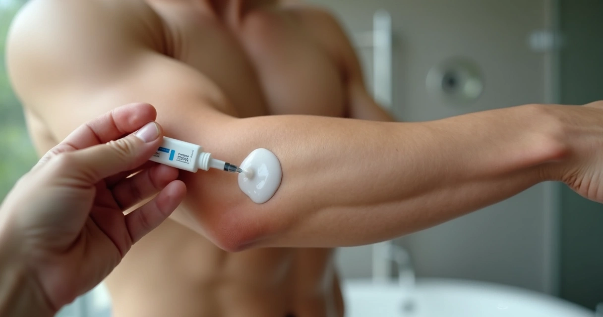 Mão aplicando gel transdérmico de testosterona no antebraço masculino