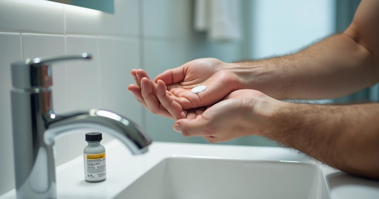 Aplicação de gel de testosterona em antebraço masculino.